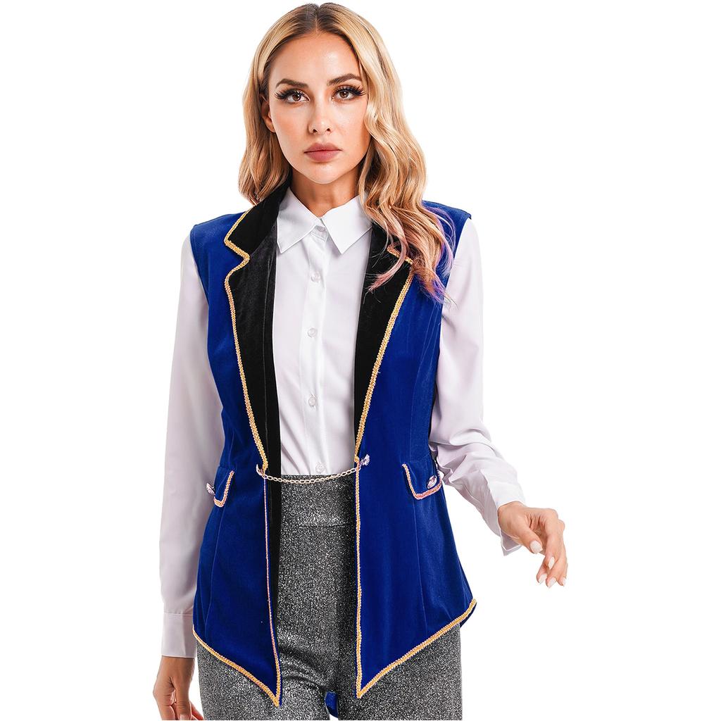 Womens Circus Ringmaster Costume Velvet Sleeveless Tailcoat Lapel Design Halloween Cosplay
