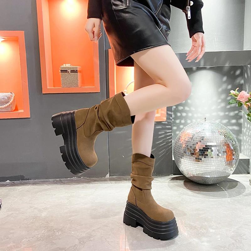 Fashion 10CM New 2024 Autumn Platform Mid-calf Boots High Heels Women Thick Sole Winter Leather Sock Shoes Chunky Motorcycle Boots Woman