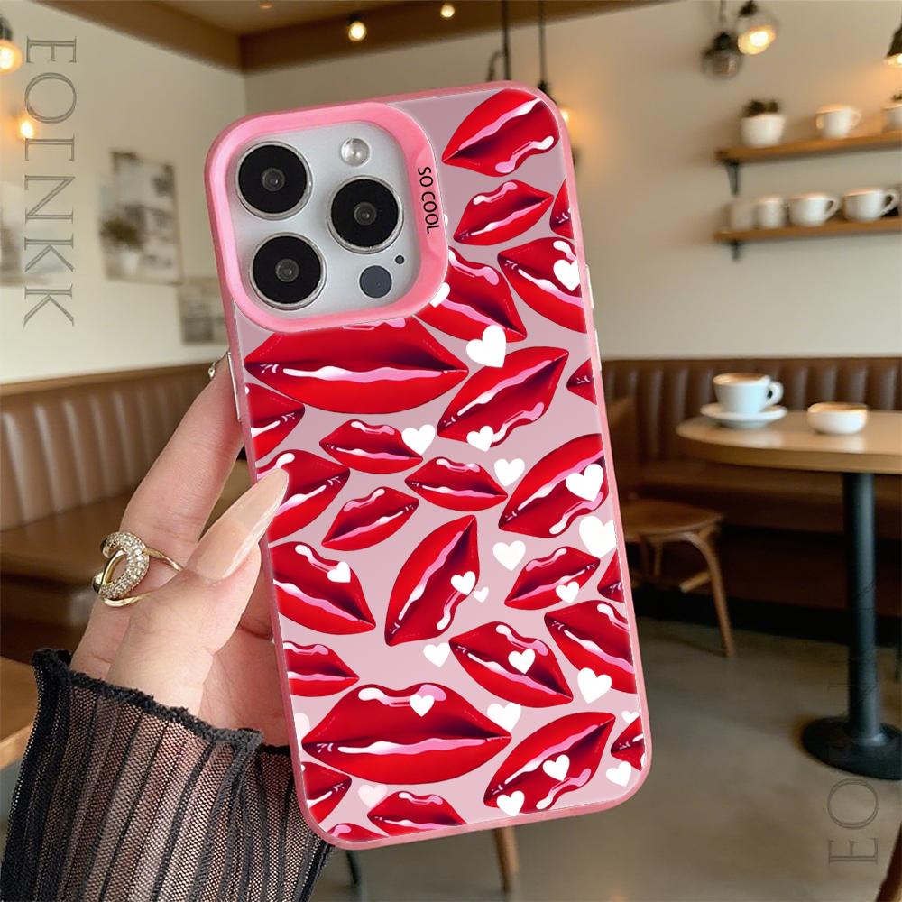 Жесткий чехол для телефона с красными губами и сердечками для iPhone 16 15 14 13 12 11 Pro Max Mini Ударопрочный Защитный чехол от царапин