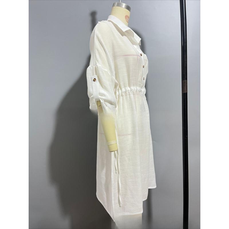 Women's Summer Solid Color Lace-up Waist Pocket Dress Beach Smock Dress