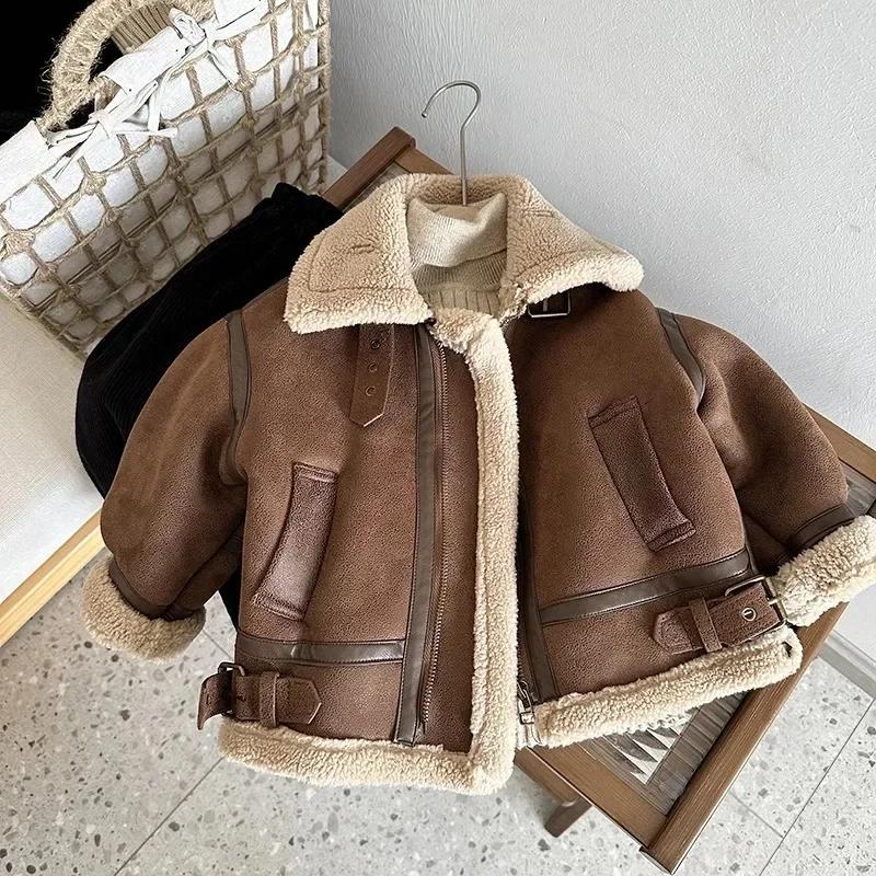 Children Velvet Warm Jackets Fashion Baby Kids Fleece Outwear Korean Boys Girls Zipper Thickness Suede Coat Winter