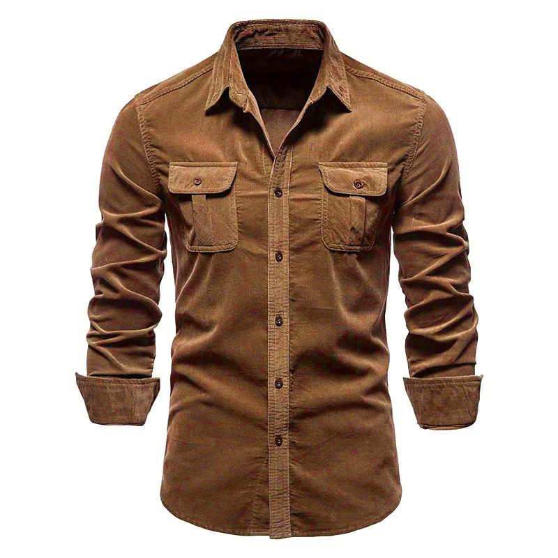 Men's Autumn and Winter Cotton Basic Corduroy Business Slim Fitting Casual Shirt Long Sleeved Jacket