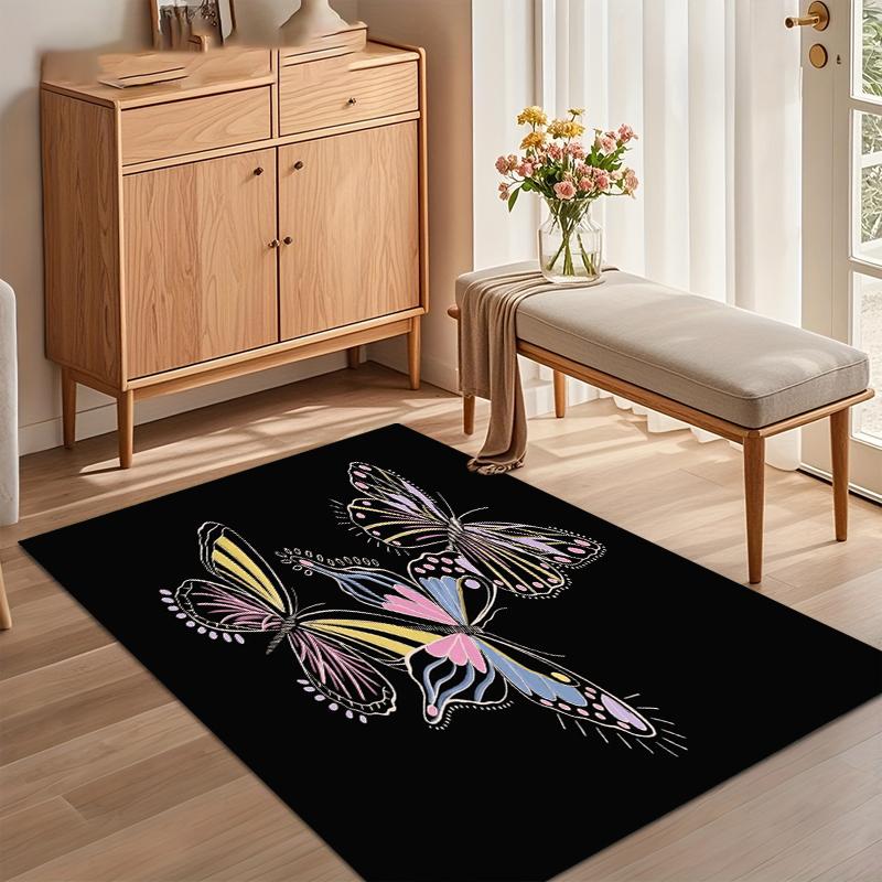 Soft Non-Slip Pastel Butterfly Area Rug with Colorful Trio Design on Black Background for Nursery Bedroom Living Room Decor