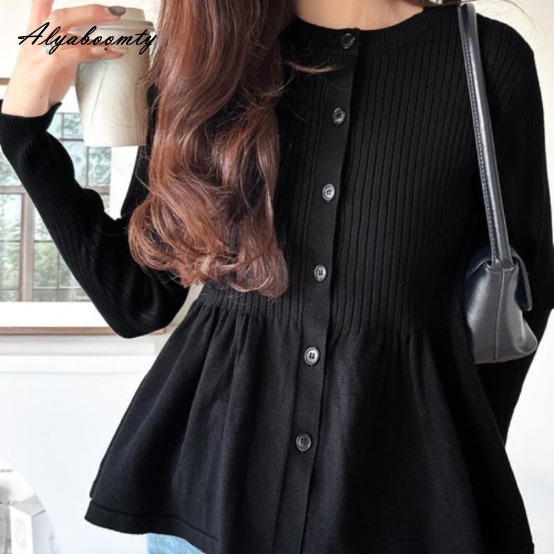 Корейская мода Весна Осень Женское бальное платье Вязаное пальто Круглый вырез Черный Бежевый Коричневый Вязаный кардиган Элегантная Женственная Женская верхняя одежда