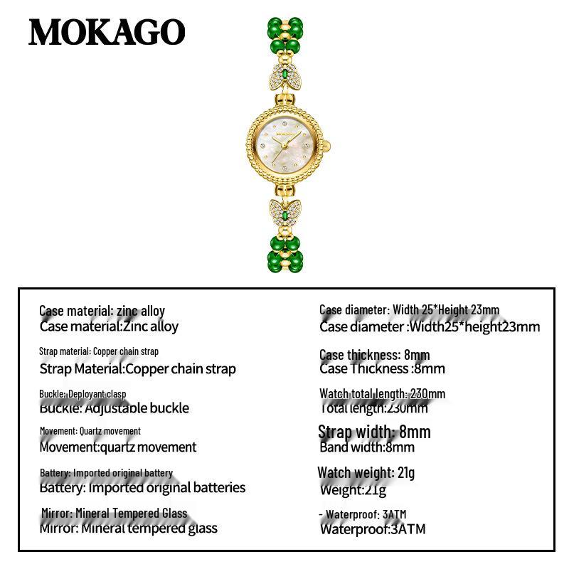 Высококачественные кварцевые женские часы Mokga: Инкрустация жемчугом и бриллиантами, циферблат из перламутра, водонепроницаемый, легкий роскошный браслет.