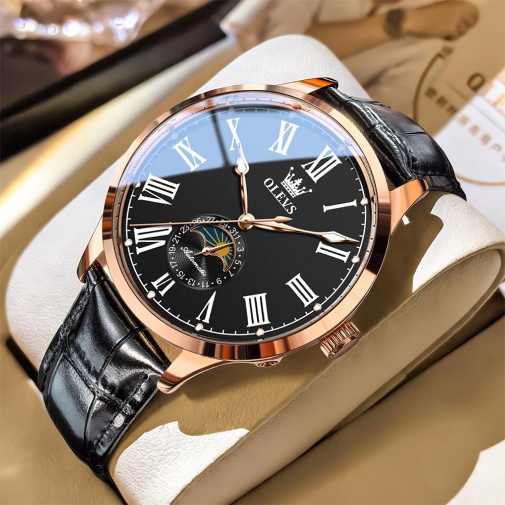 OLEVS New Fashion Automatic Men Watch Casual Mechanical Watch Men's Luxury Top Leather Moon Phase Watch Reloj+Box
