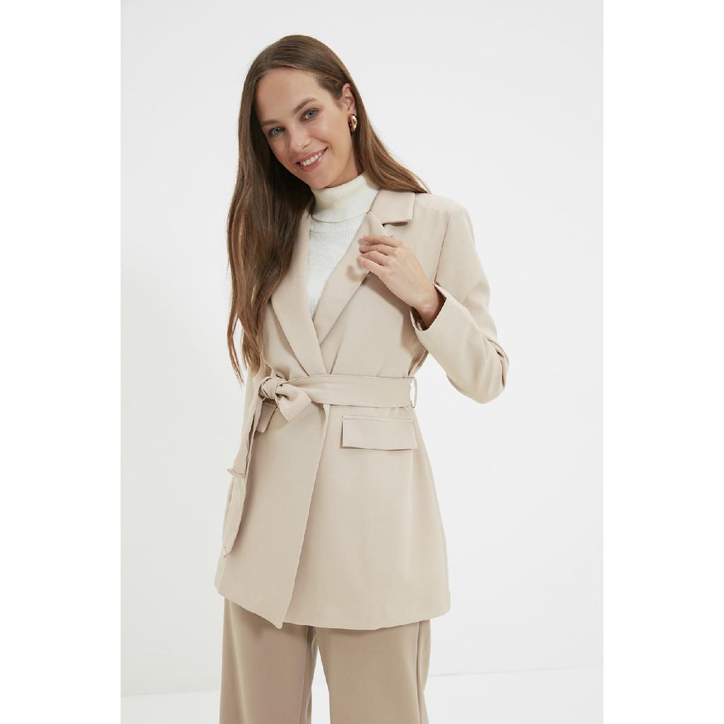 Бежевый тканый пиджак с поясом и карманами Tctaw22ck0031