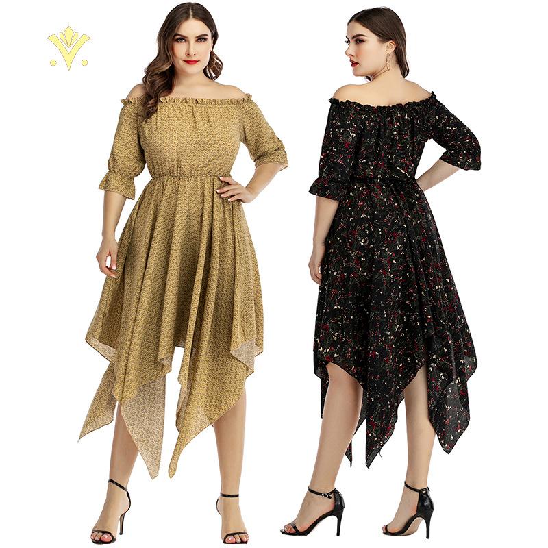 Плюс Размер Женщин Лето Новое Модное Повседневное Платье Одной Линии Вырез Открытые Плечи