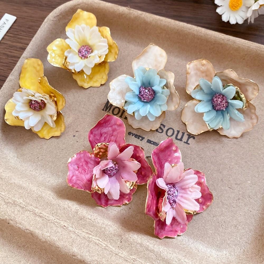 Iron Cloth Colorful Flower Earrings Korean Style Floral Ear Studs Exaggerated Ear Pendant Daily