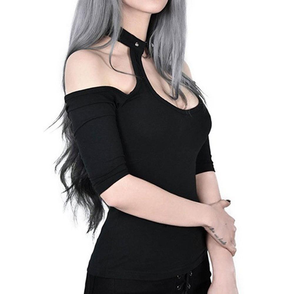 Goth Dark Women Girls Fashion Gothic T Shirt Cold Shoulder Halter Neck Chain Punk Tees Top Party Clubwear Slim Lady Backless