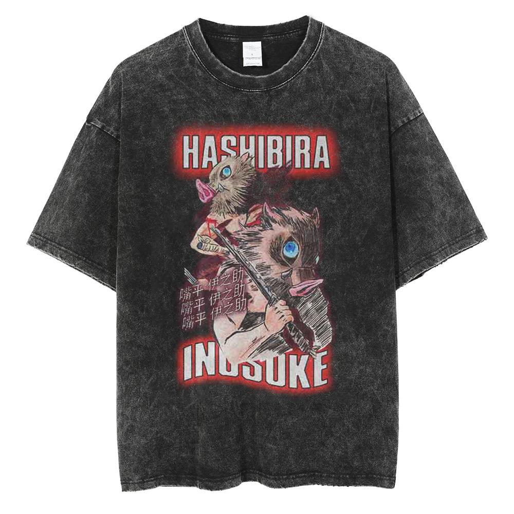 Hot Anime Demon Slayer Kokushibo Graphic Print Washed T Shirt Men Vintage Cotton Tshirts Manga Casual Tee Harajuku Male T-shirt