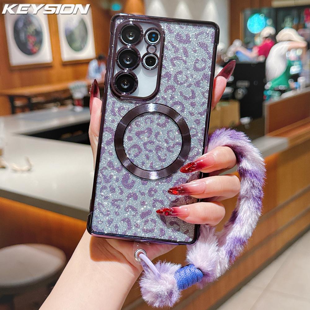 KEYSION Магнитный чехол для телефона с леопардовым принтом и блестками для Samsung Galaxy S21 S22 S23 S24 S25 S26 Ultra S26+ S25 FE с плюшевым шнурком, противоударный чехол