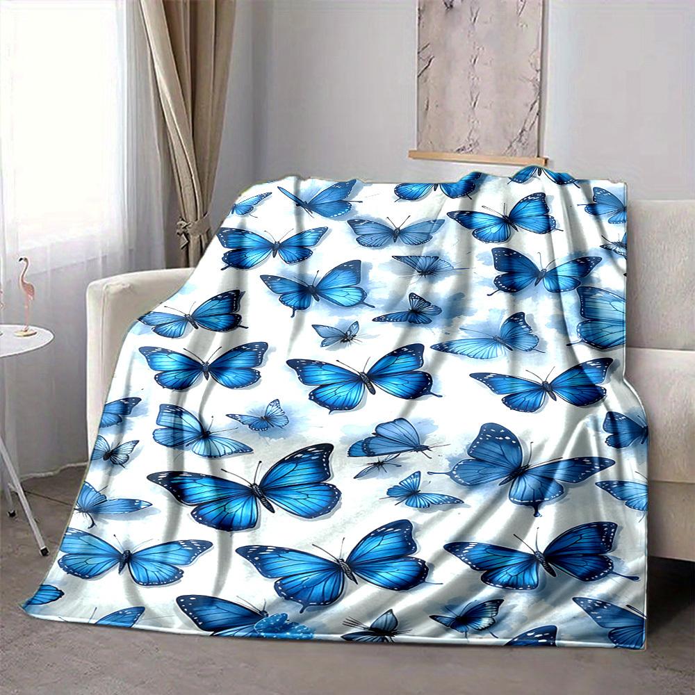 1pc Blue Butterflies Lightweight Flannel Blanket, Comfortable and Warm Blanket, for Office and Camping Sofa Bed, Livingroom031