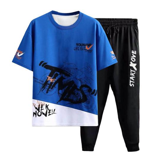 2Pcs/Set Men Letter Print O-neck Short Sleeve T-shirt Elastic Waist Drawstring Sweatpants Set Sport
