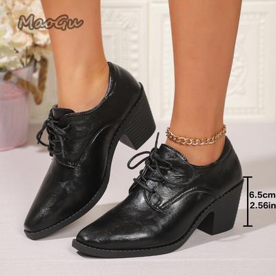 Туфли-лодочки на высоком каблуке со шнуровкой и острым носком в британском стиле для женщин, элегантные туфли на массивном каблуке из ПУ кожи, осенние туфли-лодочки для офисной леди