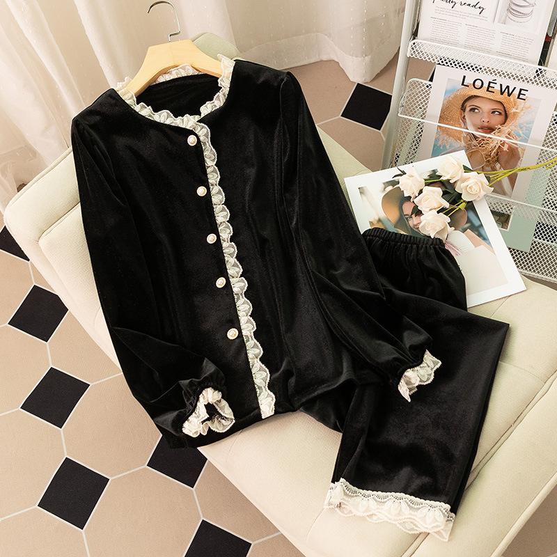 Пижамный комплект женский бархатный с длинным рукавом кружевной милый принцесса дворцовый стиль пижамы домашняя одежда свободная повседневная ночная рубашка велюровая пижама