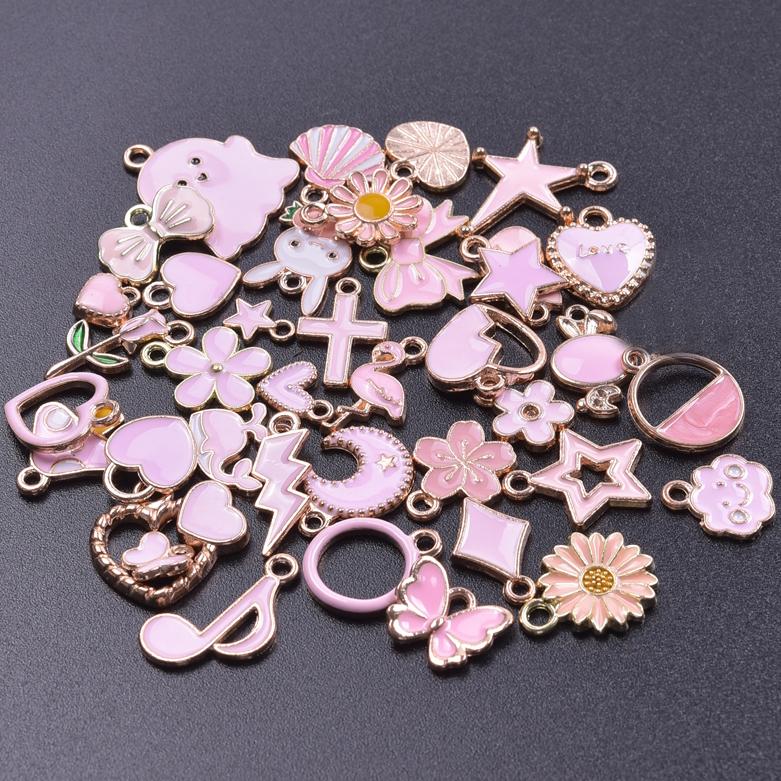 Pink Love Girl Accessories Enamel Bulk Charms For Jewelry Making Supplies Moon/Flower/Butterfly Pendants Charm DIY Earring Craft