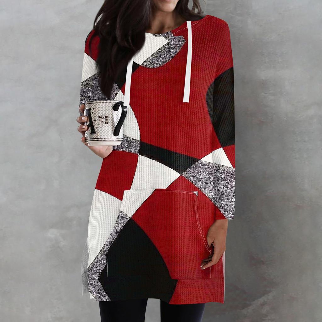 Женские свободные рубашки с принтом, длинные рукава, толстовки с завязками, трикотажные туники с боковыми разрезами, топы с капюшоном и карманом