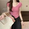 V-neck Short-sleeved Knit Shirt Female Summer Models Positive Shoulder Design Sense Niche Slim Short Irregular Matching Tops Casual Pullovers Tees