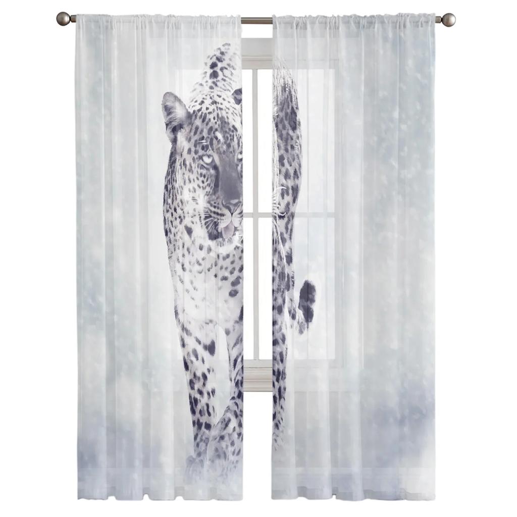 Leopard Animal Snowflake Winter Tulle Sheer Curtains for Living Room Decoration Window Curtain for Bedroom Voile Organza Drapes