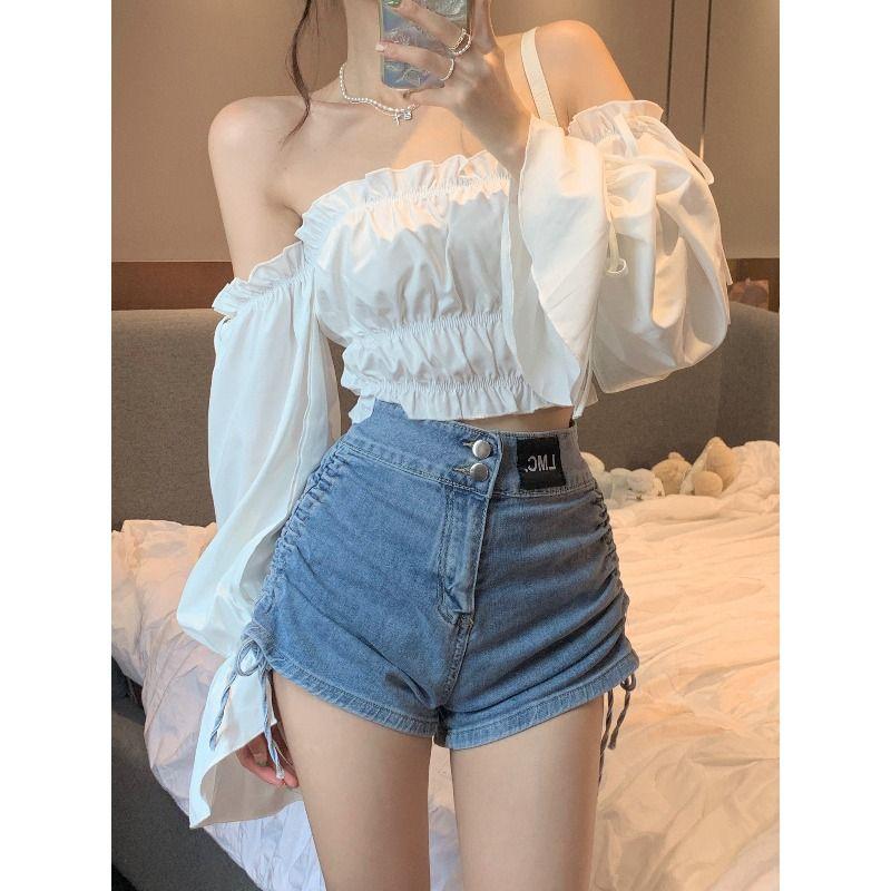 Pure Desire Slash Neck Women Blouse Fold Agaric Edge Slim Elastic Waist High Waist Navel Exposed White Cropped Top Hotsweet