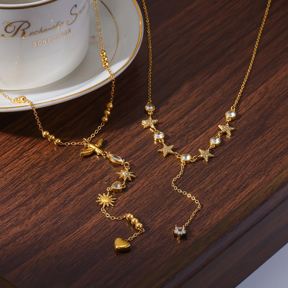 Trendy Jewelry 18K Gold Plated Stainless Steel Necklace Cubic Zircon Star Eagle Y Shape Heart Charms Necklace for Daily Women