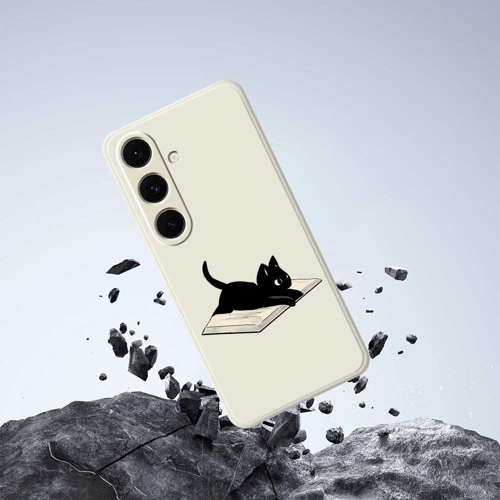 Чехол-книжка для Samsung Galaxy S25+ с печатью узора «Книга и кошка», задняя крышка телефона из ТПУ с прямыми краями
