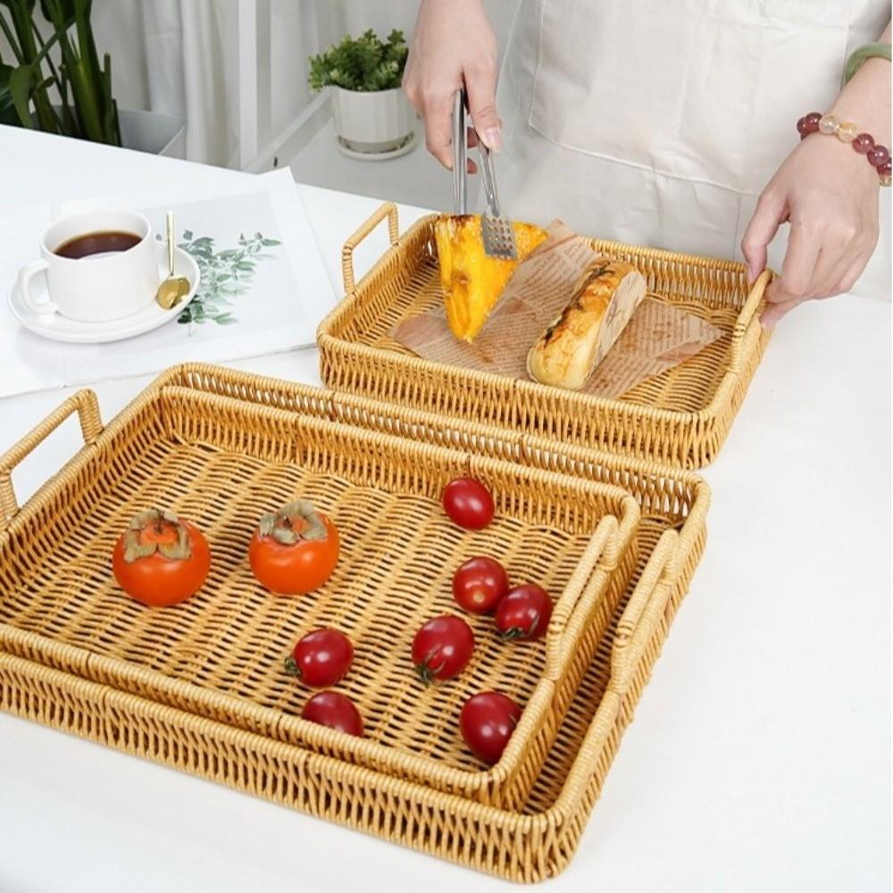 Handwoven Wicker Serving Tray Woven Handheld Plastic Rattan Storage Tray Kitchen Storage