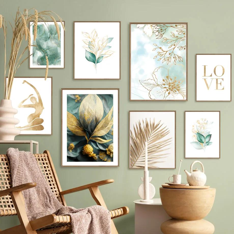 Золотые Зеленые Листья Цветок Абстрактные Модные Постеры И Принты Холст Живопись Настенное Искусство Картины Для Гостиной Домашний Декор