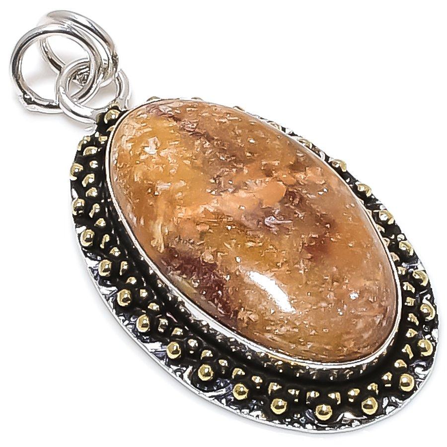 Натуральный серебристый яшмовый камень с листьями 925 стерлингового серебра Двухцветный кулон 2,05" STT-2698