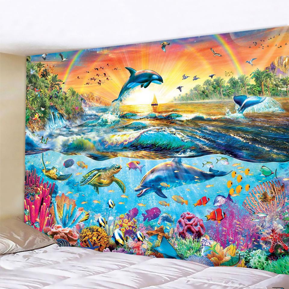 Beautiful Underwater World Dolphin Fantasy Scene Bohemian Decoration Hippie Bedroom Home Decoration Tapestry