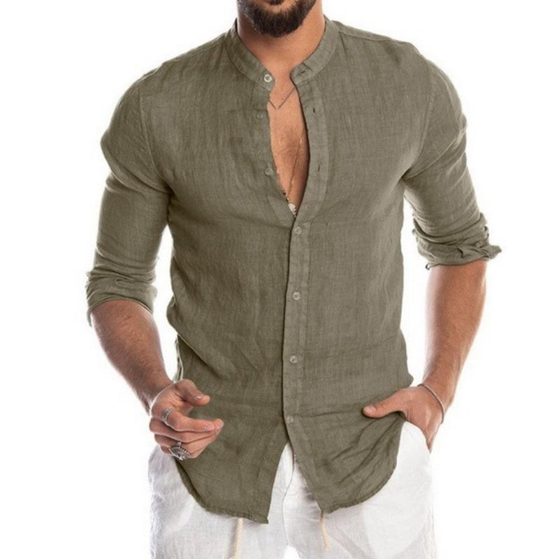 Men stand collar full button long sleeve linen shirt rollable cuffs loose fit casual daily beach vacation top