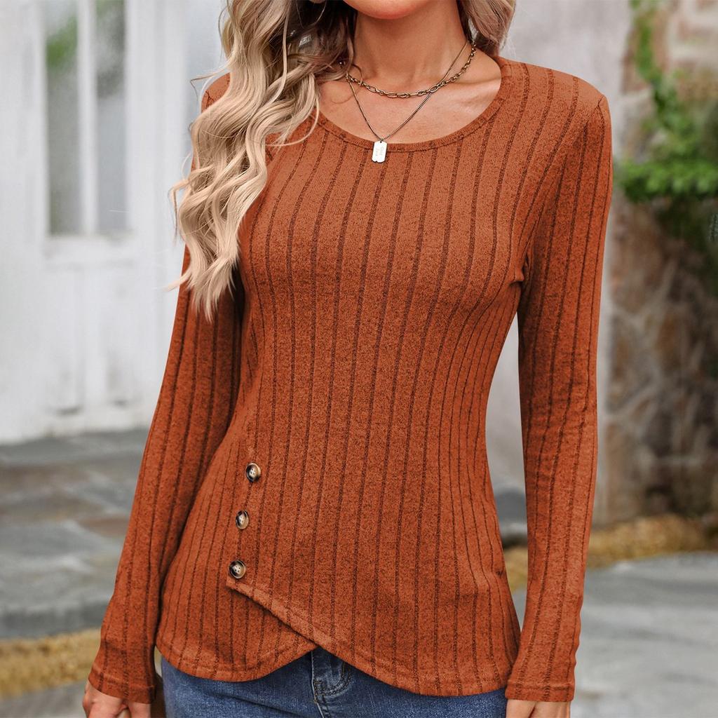 Women's Fashionable Round Neck Long Sleeved Button Temperament Commuting Casual Pullover T-shirt Top
