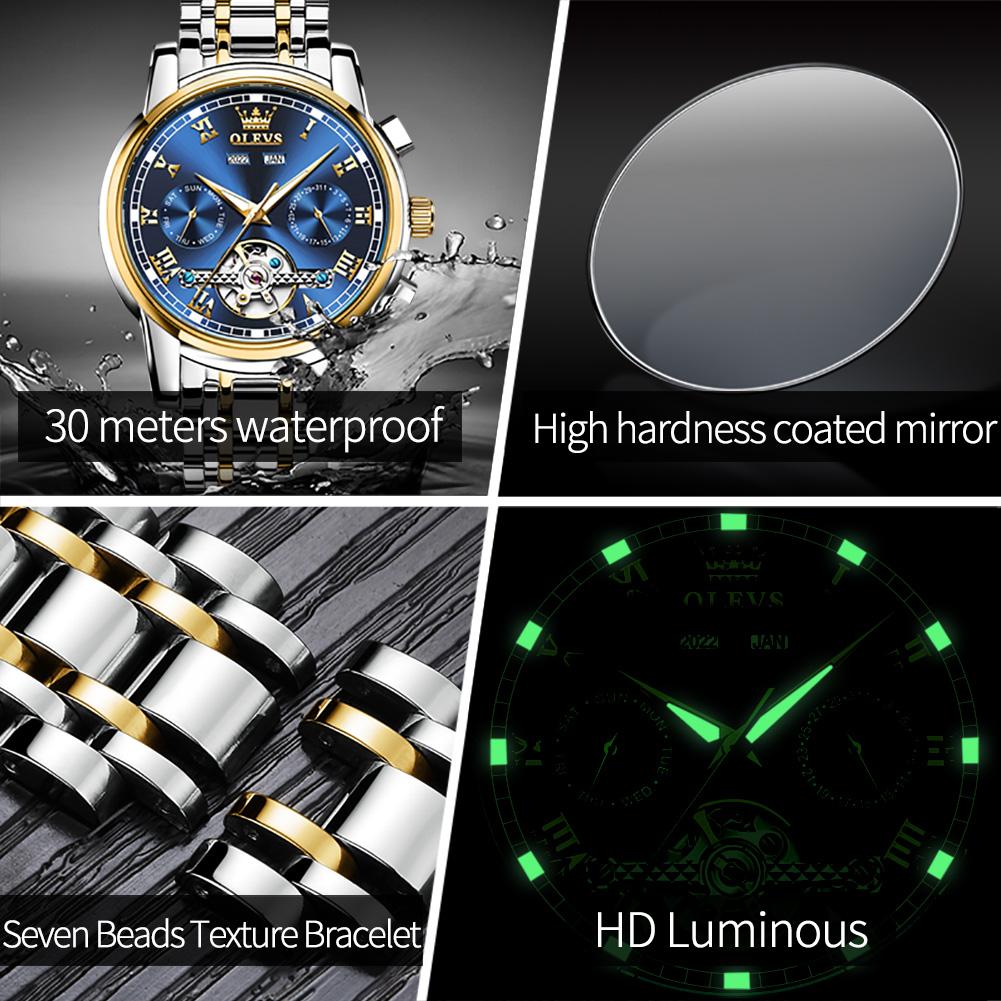 OLEVS 6607 Automatic Men's Watches Top Original Mechanical Watch for Men Luxury Skeleton Flywheel Waterproof Calendar Wristwatch