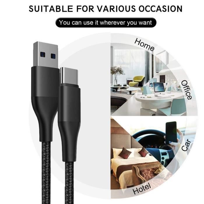 Câble USB-C - E.F.CONNECTION - Lot de 3 - Charge Rapide 3A - Nylon Tressé - 1M - Noir