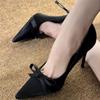 Bow High Heels Women's 2025 Spring New Pointed Satin Temperament Party Light Mouth Black Stiletto Shoes