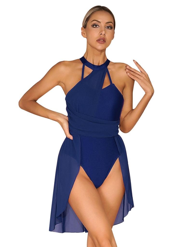 Женский шифоновый танцевальный костюм для гимнастики, лирическое танцевальное платье, современный костюм, шифоновая танцевальная одежда с лямкой на шее