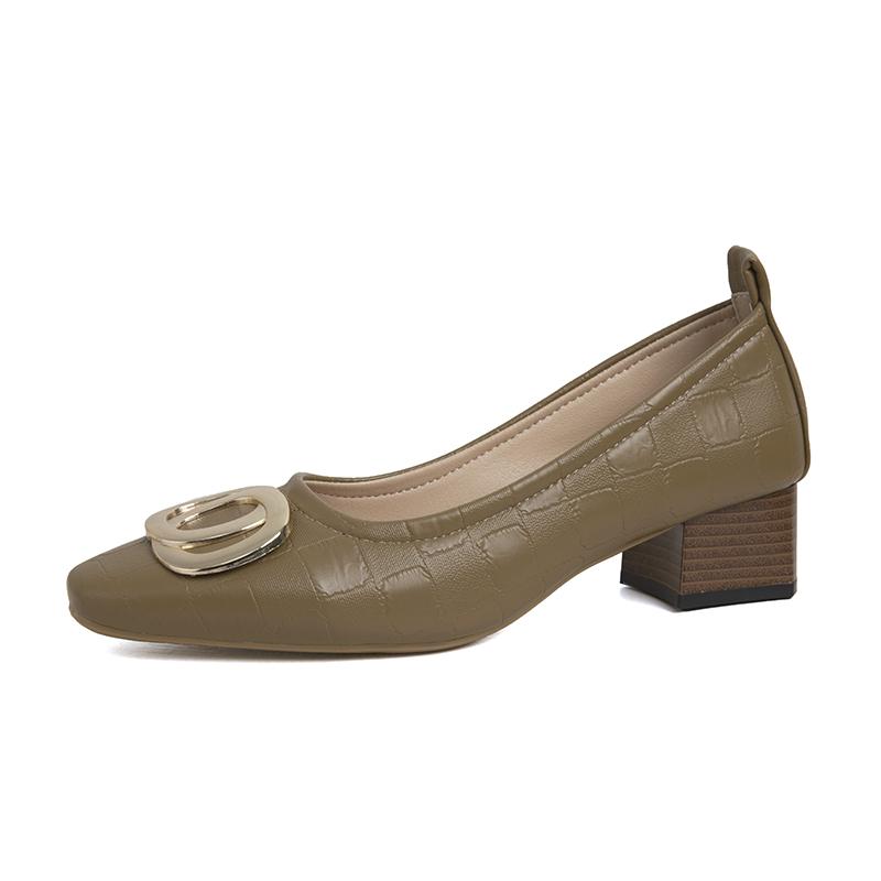 2024 Женские элегантные бежевые туфли с квадратным носком на каблуке, женские металлические аксессуары, удобные милые туфли