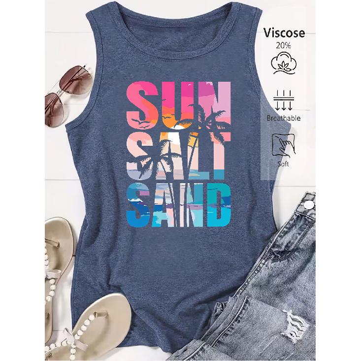 2026 Trendy SUN SALT SAND Beach Sunset Print Women Sleeveless Vest High Quality Casual Summer Tank Top