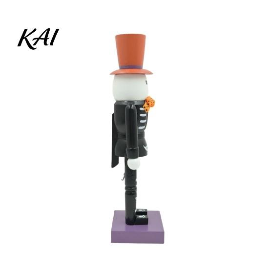 Spooky Halloween Desk Decor Nutcracker Wooden Figurine, Hand-Painted Skeleton Soldier Ornament, Retro Collectible Gothic Home Accents Style Decorative
