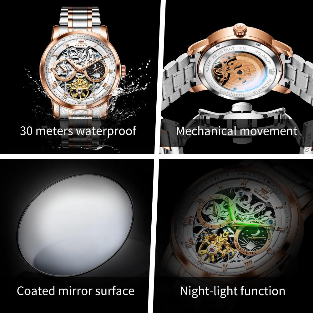 OLEVS 6670 Automatic Man Watch Fashion Luxury Skeleton Flywheel Waterproof Luminous Stainless Steel Men's Mechanical Wristwatch
