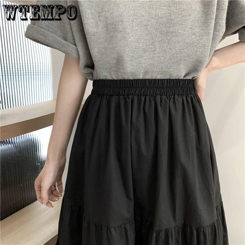WTEMPO Черная длинная плиссированная юбка в стиле Лолиты в готическом стиле, женские винтажные юбки-миди с высокой талией и оборками в стиле Харадзюку, летняя корейская уличная одежда