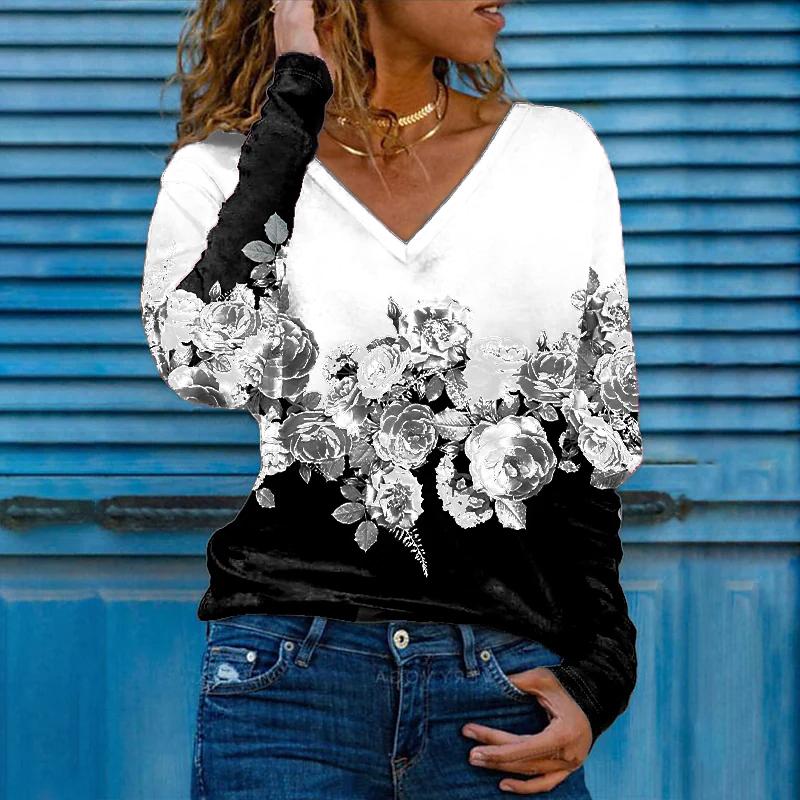 Женские футболки с 3D принтом розы, женские топы, пуловер с длинным рукавом и v-образным вырезом, женские футболки, футболка для женщин