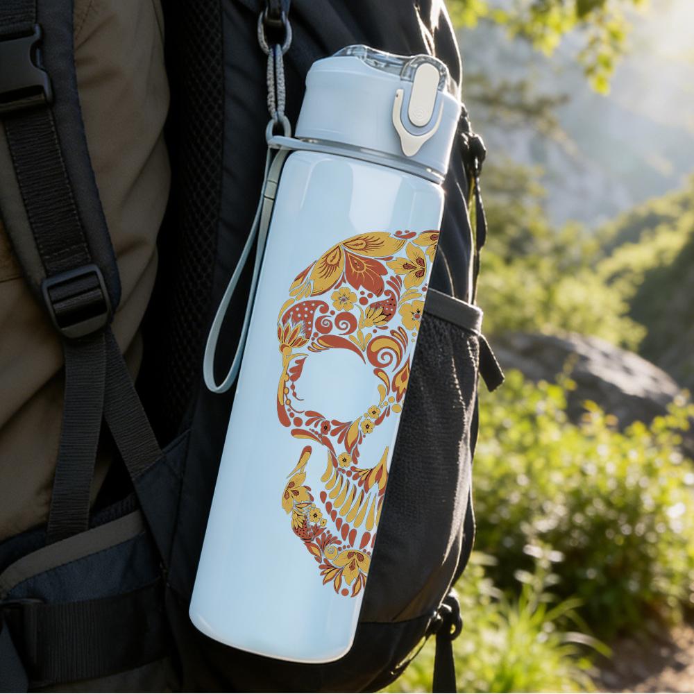 1PC Ornate Floral Skull Retro Art Print 750ml Portable Sports Water Bottle Leakproof Gym Outdoor Travel Drink Cup