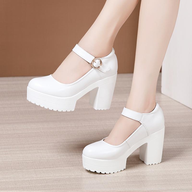 Мода Размер 32-43 Серебряные Красные Свадебные Туфли Мягкая Коровья Кожа Женские Туфли на Толстом Высоком Каблуке Массивные Туфли-Лодочки на Платформе Комфорт Женские Офисные Туфли