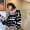 Полосатый вязаный свитер, женский винтажный свободный пуловер, полосатый топ с круглым вырезом и длинными рукавами, уличный трикотаж, Sueter Mujer, джемпер, весна-осень