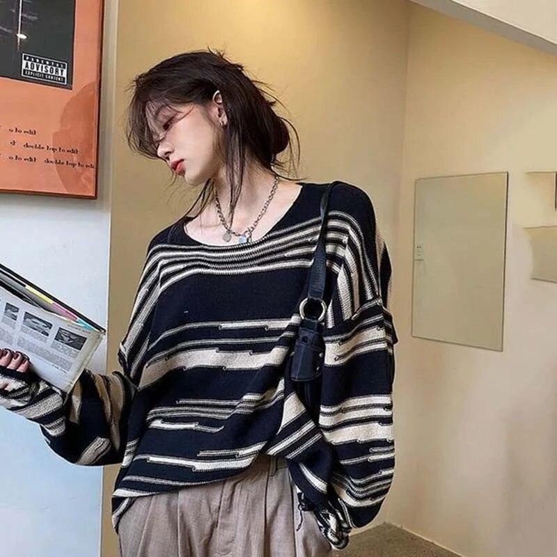 Полосатый вязаный свитер, женский винтажный свободный пуловер, полосатый топ с круглым вырезом и длинными рукавами, уличный трикотаж, Sueter Mujer, джемпер, весна-осень