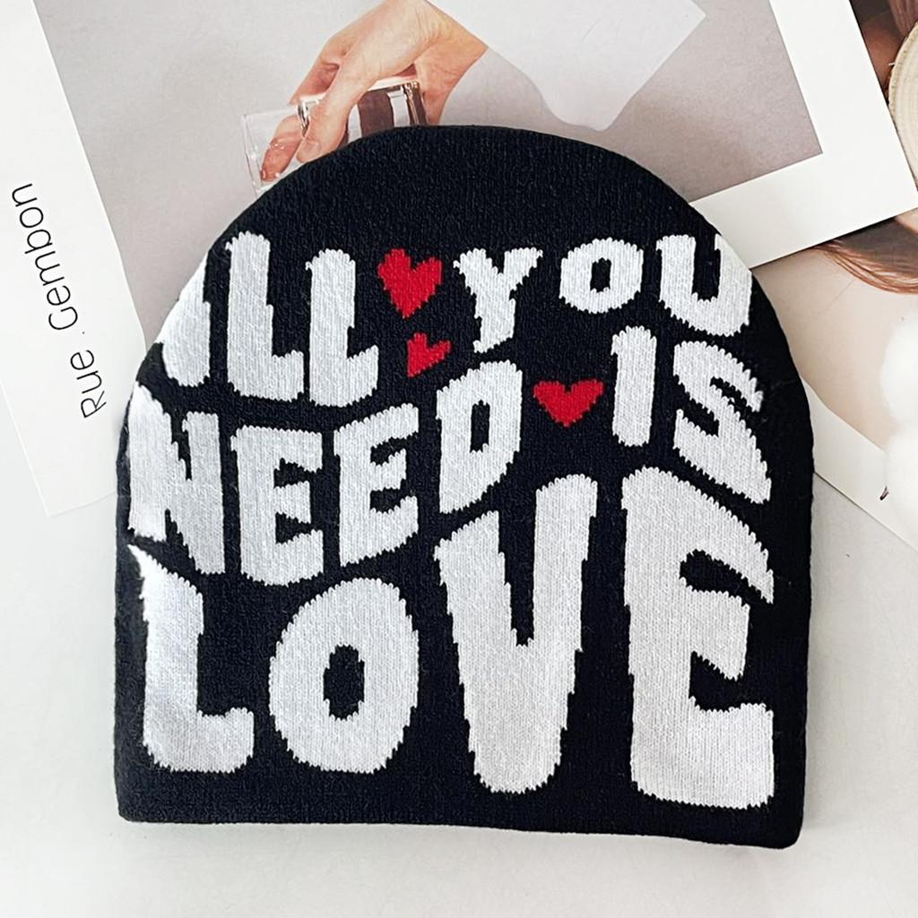 Blocked Simple Color Letter And Heart Pattern Women Casual Warm Hat Knitted