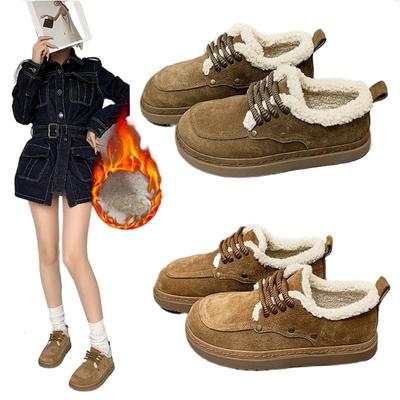 Модные плюшевые зимние ботинки для женщин, зимние, с круглым носком, утолщенные, теплые, на плоской подошве, для женщин, толстая подошва, нескользящие, на шнуровке, повседневные хлопковые ботинки