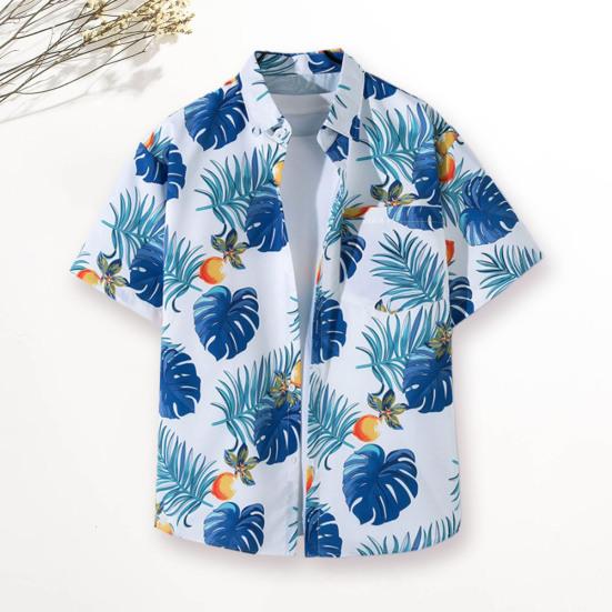 Casual Lapel Short Sleeve Buttons Closure Men Shirt Summer Floral Leaves Printed Thin Hawaiian Beach Shirt Streetwear